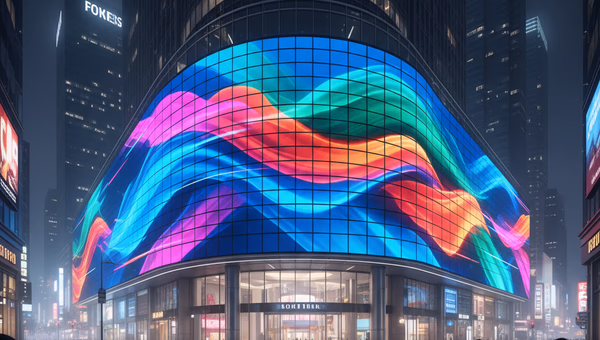 Großer LED-Bildschirm an Gebäudefassade bei Nacht