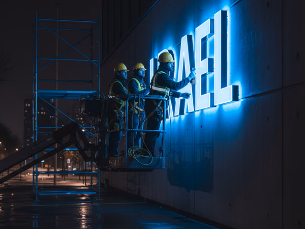 Montage-Team installiert Leuchtbuchstaben an Gebäudefassade